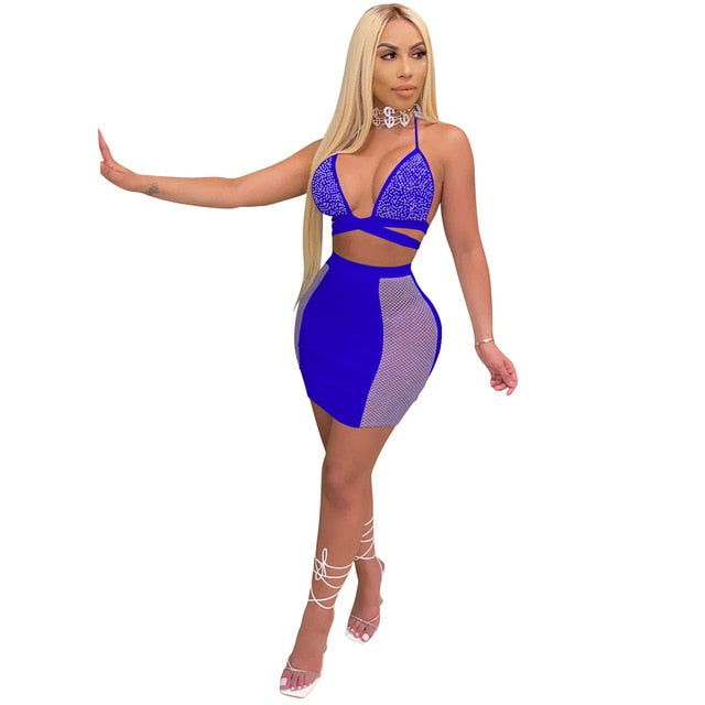 Sexy Rhinestones Diamond Spaghetti Strap Top and Mini Skirt Suit Sex Toys -lovershop01