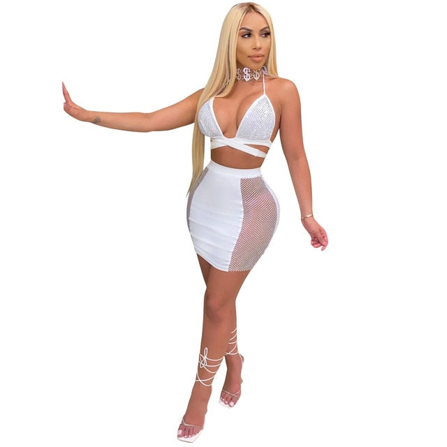 Sexy Rhinestones Diamond Spaghetti Strap Top and Mini Skirt Suit Sex Toys -lovershop01