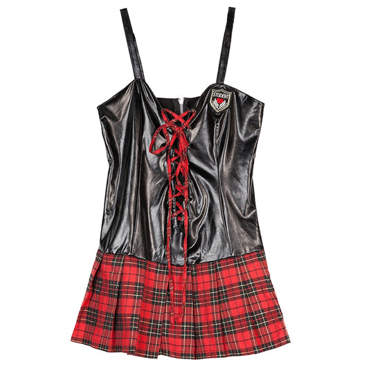 School Girl Sex Uniform Faux Leather and Plaid Skirt Lingerie
