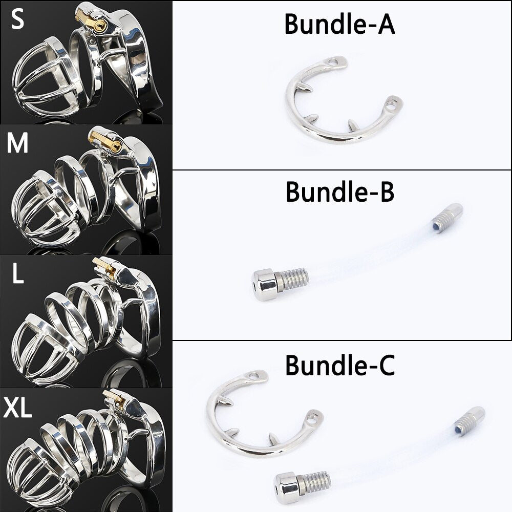 Male Stainless Steel Cock Cage Penis Ring Sleeve Chastity Device Belt with Catheter Spikes Lockable Adult Sex Toys for Men Sex Toys -lovershop01