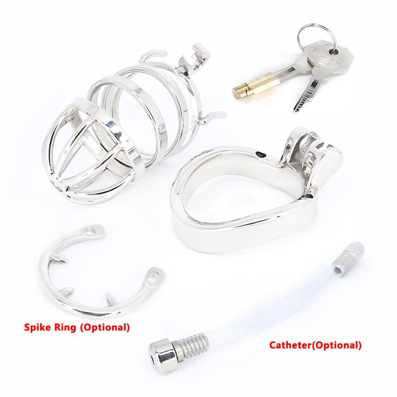 Male Stainless Steel Cock Cage Penis Ring Sleeve Chastity Device Belt with Catheter Spikes Lockable Adult Sex Toys for Men Sex Toys -lovershop01