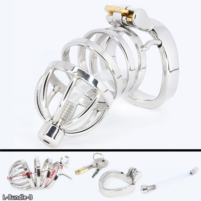 Male Stainless Steel Cock Cage Penis Ring Sleeve Chastity Device Belt with Catheter Spikes Lockable Adult Sex Toys for Men Sex Toys -lovershop01