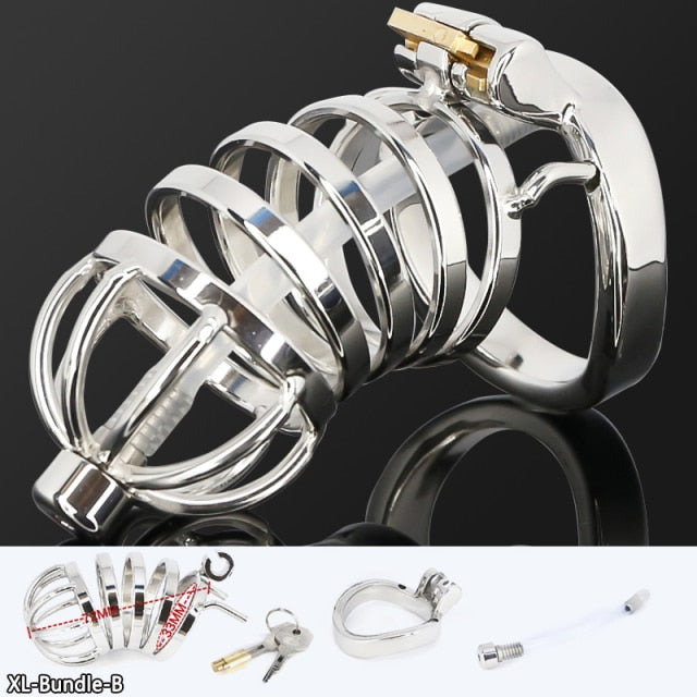Male Stainless Steel Cock Cage Penis Ring Sleeve Chastity Device Belt with Catheter Spikes Lockable Adult Sex Toys for Men Sex Toys -lovershop01