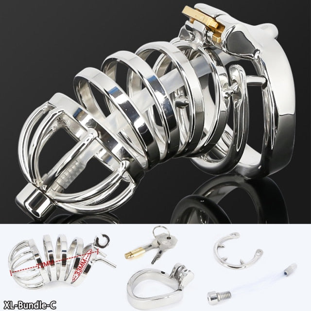 Male Stainless Steel Cock Cage Penis Ring Sleeve Chastity Device Belt with Catheter Spikes Lockable Adult Sex Toys for Men Sex Toys -lovershop01