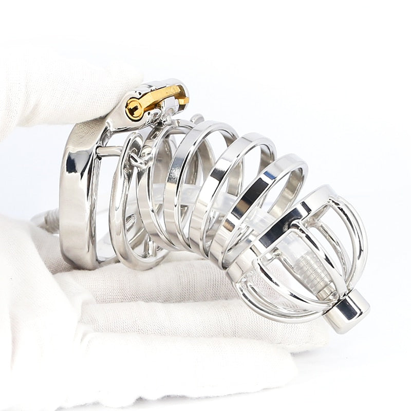 Male Stainless Steel Cock Cage Penis Ring Sleeve Chastity Device Belt with Catheter Spikes Lockable Adult Sex Toys for Men Sex Toys -lovershop01