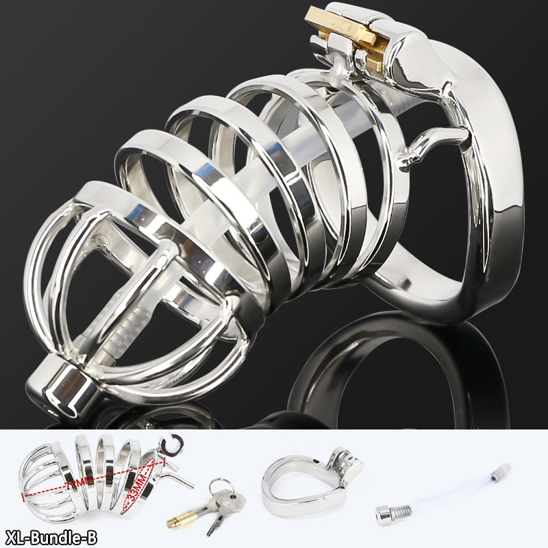 Male Stainless Steel Cock Cage Penis Ring Sleeve Chastity Device Belt with Catheter Spikes Lockable Adult Sex Toys for Men Sex Toys -lovershop01