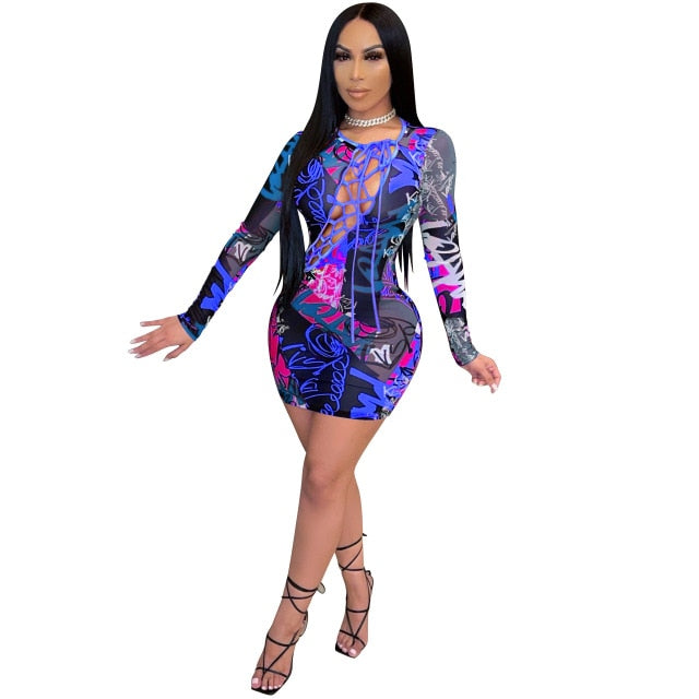 Print Long Sleeve Mesh Mini Bodycon Dress Sex Toys -lovershop01