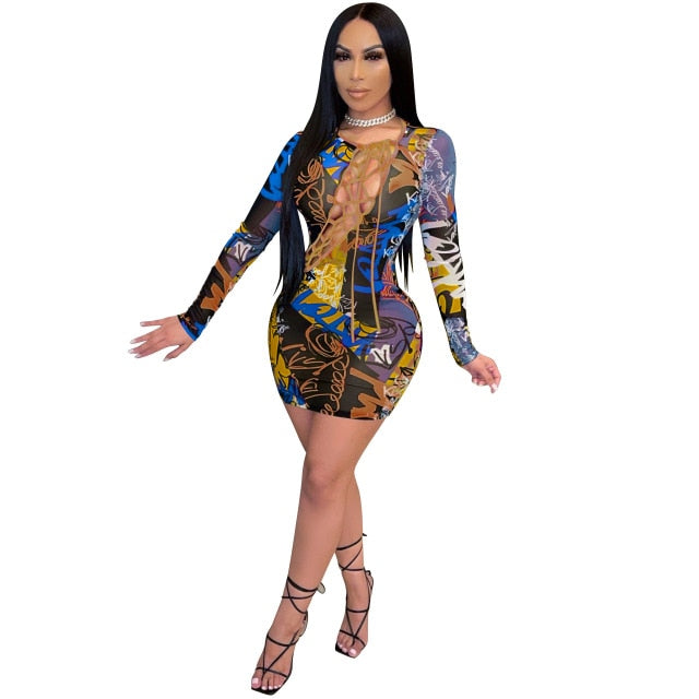 Print Long Sleeve Mesh Mini Bodycon Dress Sex Toys -lovershop01