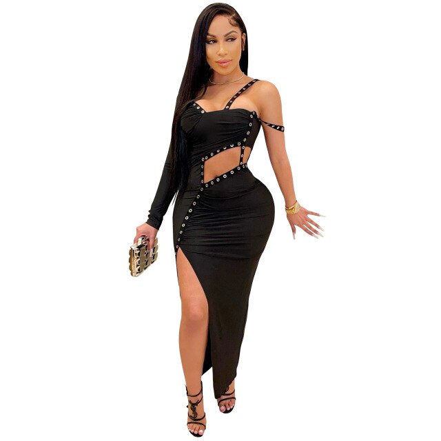Buttons Slit One Shoulder Hollow Out Sexy Club Dress Sex Toys -lovershop01