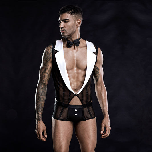 Mens Cosplay Waiter Sexy Lingerie Set Tuxedo Roleplay -3PCS
