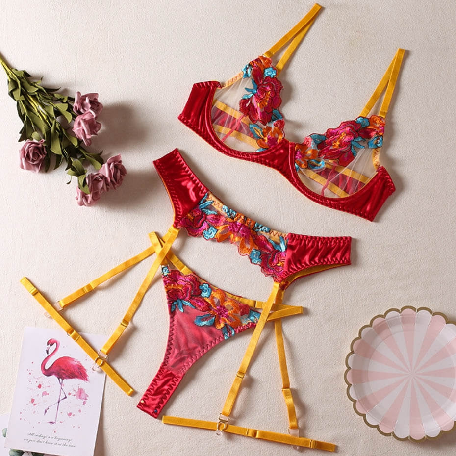 Erotic Lingerie Floral Embroidery Lace Bra Set