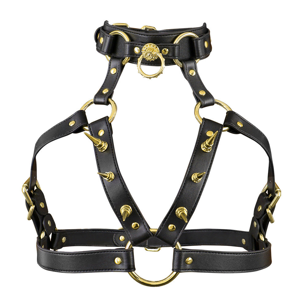 How does the back design of this goth bondage harness suit look?