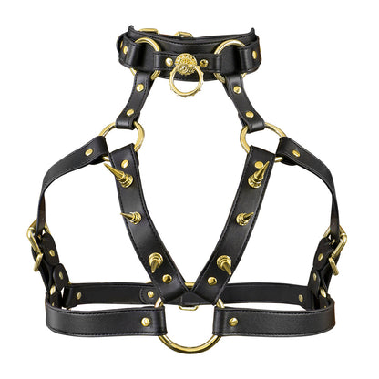 How does the back design of this goth bondage harness suit look?