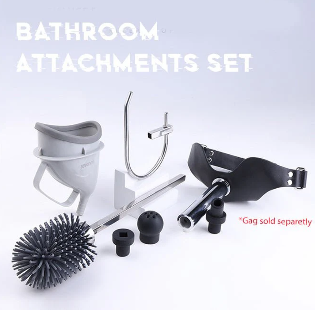 What does a submissive humiliator muzzle-gag bathroom set look like?