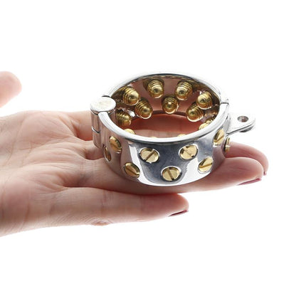 How to wear a 2-row golden teeth spiked chastity cage?