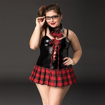 School Girl Sex Uniform Faux Leather and Plaid Skirt Lingerie