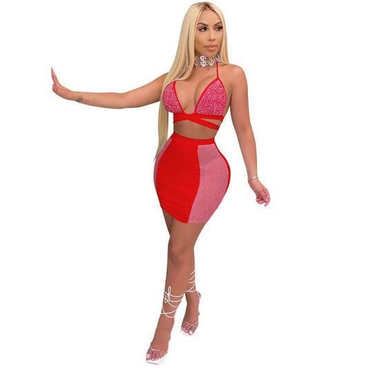 Sexy Rhinestones Diamond  Spaghetti Strap Top and Mini Skirt Suit Sex Toys -lovershop01