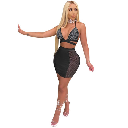 Sexy Rhinestones Diamond  Spaghetti Strap Top and Mini Skirt Suit Sex Toys -lovershop01