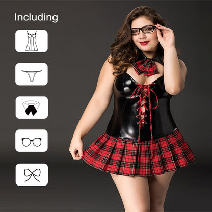 School Girl Sex Uniform Faux Leather and Plaid Skirt Lingerie
