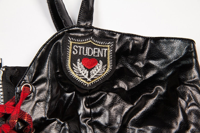 School Girl Sex Uniform Faux Leather and Plaid Skirt Lingerie