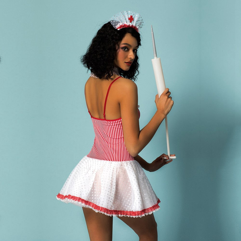 Sexy Nurse Role-playing Costumes Nurse Uniform Straps Striped Mesh Dress With G-string Sex Outfit Rose Adult Shop