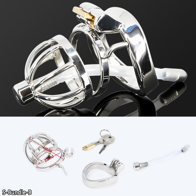 Male Stainless Steel Cock Cage Penis Ring Sleeve Chastity Device Belt with Catheter Spikes Lockable Adult Sex Toys for Men Sex Toys -lovershop01