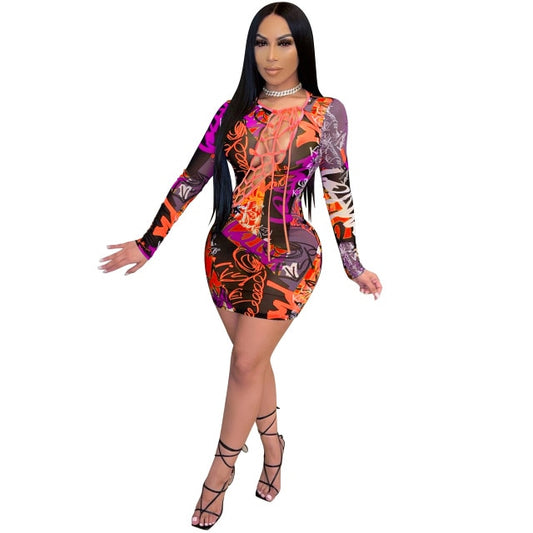 Print Long Sleeve Mesh Mini Bodycon Dress Sex Toys -lovershop01