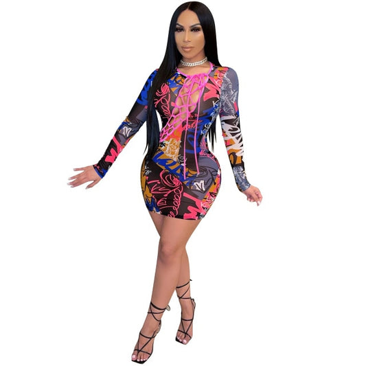 Print Long Sleeve Mesh Mini Bodycon Dress Sex Toys -lovershop01