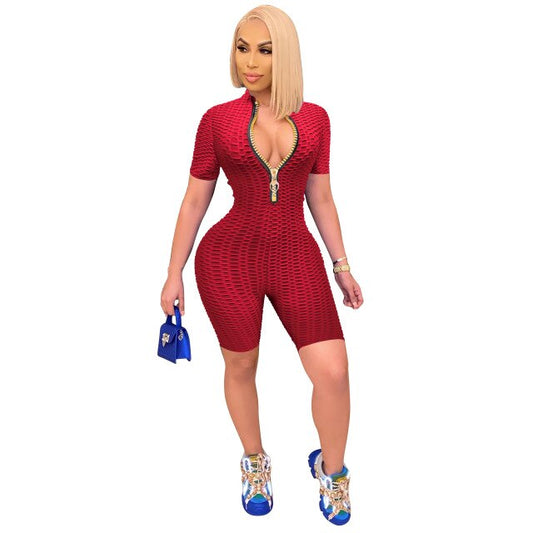 Solid Color Zipper Short Sleeve Casual Slim Jumpsuits Sex Toys -lovershop01